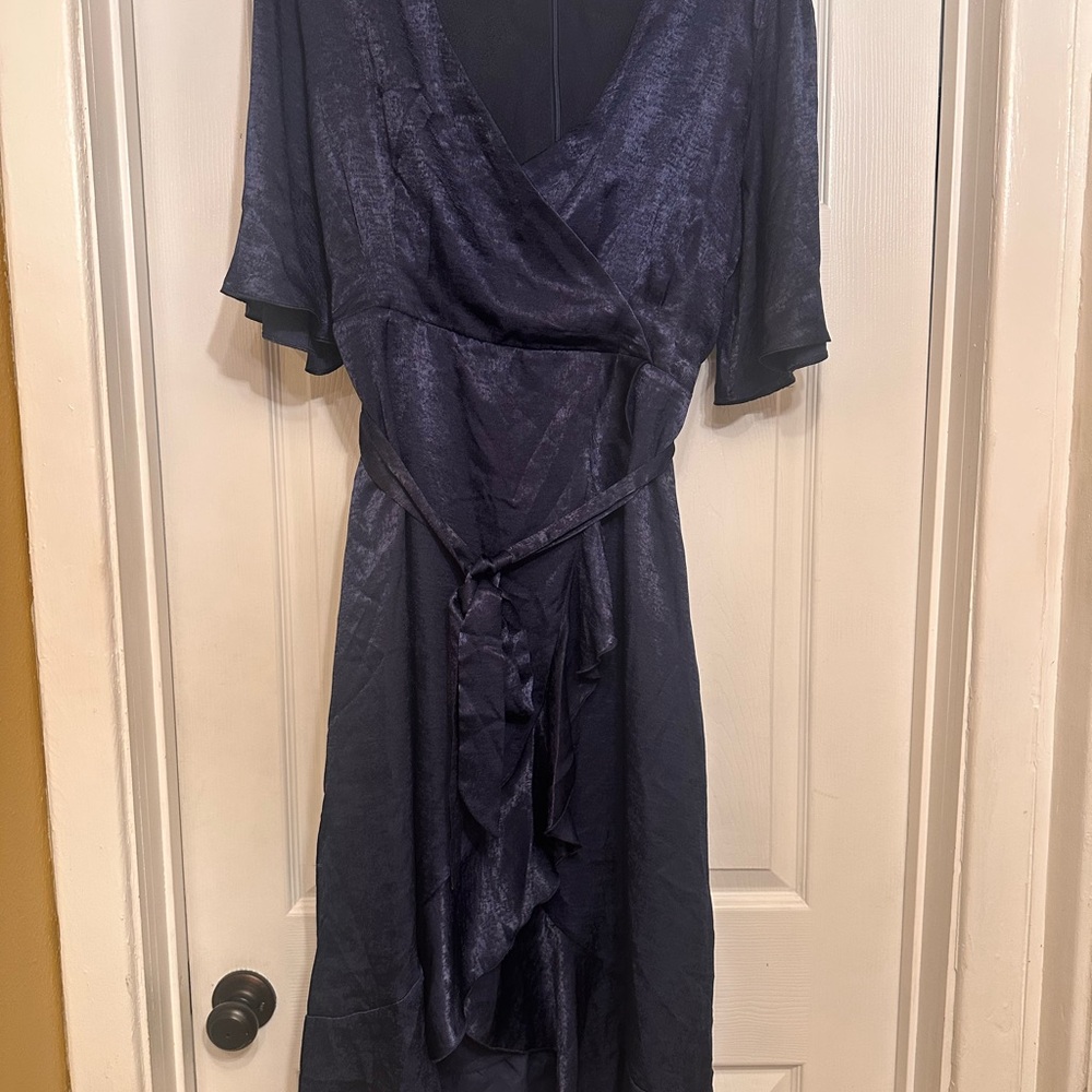 Lulus Wrapped Up In Love Navy Blue Satin Faux-Wrap Midi Dress